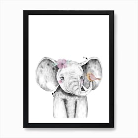 Safari Babies Elephant With Flower Art Print