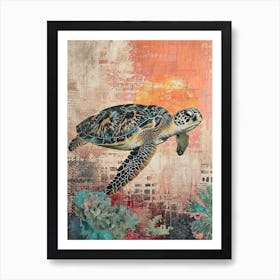 Orange Screen Print Inspired Sea Turtle Art Print