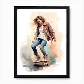 Girl Skateboarding In Philadelphia, United States Watercolour 4 Art Print