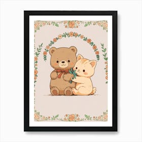 Cute Teddy Bear And Kitten Art Print