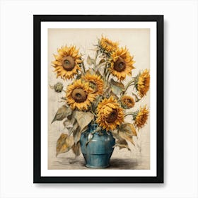Sunflowers In A Blue Vase 1 Art Print
