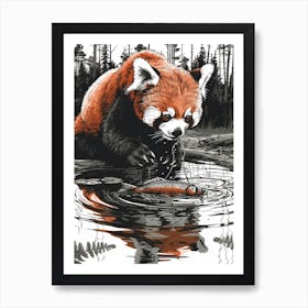 Red Panda Catching Fish In A Tranquil Lake Ink Illustration 2 Art Print