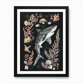 Tiger Shark Seascape Black Background Illustration 2 Art Print