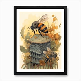 Wool Carder Mimic Bee Beehive Watercolour Illustration 1 Art Print