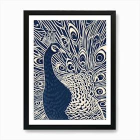 Navy Blue & Ivory Peacock Feather Line Art Print