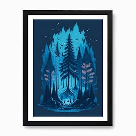 A Fantasy Forest At Night In Blue Theme 9 Art Print