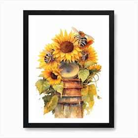 Sunflower Bee Beehive Watercolour Illustration 1 Art Print