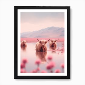 Highland Cows In The River Pink Realistic Photography  2 Art Print