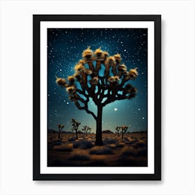 Joshua Tree With Starry Sky With Rain Drops Falling In Gold And Black (2) Art Print