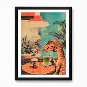 Dinosaur Drinking A Matcha Latte Retro Abstract Collage 3 Art Print