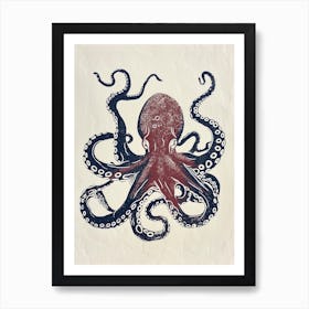 Linocut Red Navy Octopus 1 Art Print