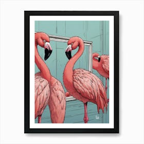 Flamingos In Mirror Art Print