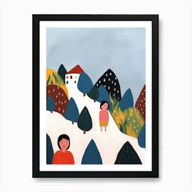 Mountains, Tiny People And Illustration 3 Art Print