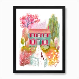 French Country Garden House With Cat Art Print