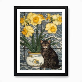 Daffodils With A Cat 3 William Morris Style Art Print