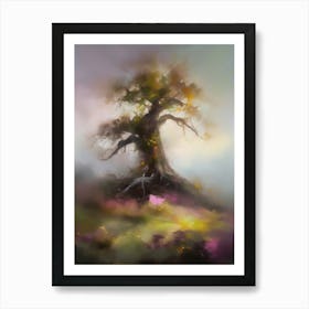 Oak tree, fine work of art, misty atmosphere, green meadow..18 Art Print