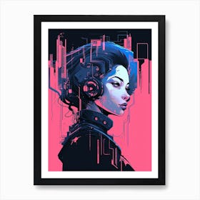 Girl With Headphones, neon pink art Art Print