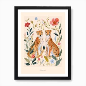 Folksy Floral Animal Drawing Cheetah 2 Poster Art Print