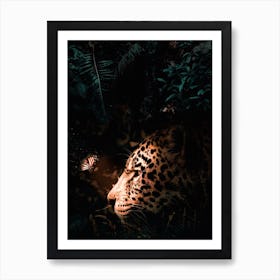 Jaguar And Luminous Butterfly In Jungle 1 Art Print