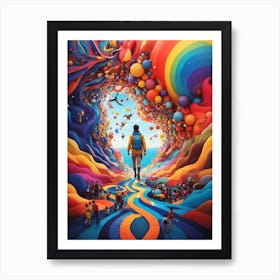 Man Walking Through A Colorful Tunnel Art Print