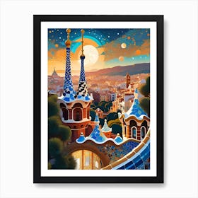 Park Guell Barcelona ~ Spain Travel Adventure Visionary Wall Decor Futuristic Sci-Fi Trippy Surrealism Modern Digital Psychedelic Cubic Fantasy Art Full Moons Stars Mandala Spiritual Fractals Space DMT Vibrant Art Print