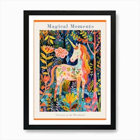 Floral Fauvism Style Unicorn In The Woodland 1 Poster Art Print