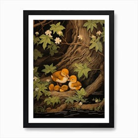 Duck & Duckling In The Flowers Japanese Woodblock Style 2 Art Print