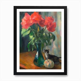 Flower Vase Sweet Pea With A Cat 4 Impressionism, Cezanne Style Art Print