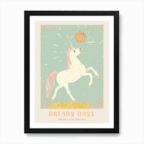 Pastel Storybook Style Unicorn Playing Basketball 2 Poster Art Print