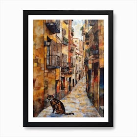 Painting Of Barcelona With A Cat In The Style Of Gustav Klimt 1 Art Print