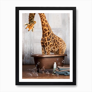 Giraffe In The Tub Art Print