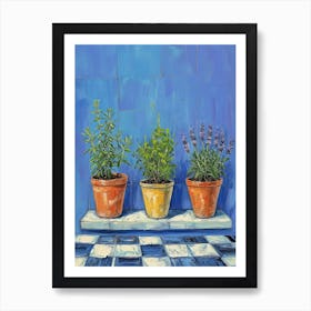 Potted Herbs On A Blue Checkered Windowsil 1 Art Print