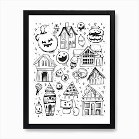 Halloween Black And White Line Art Art Print