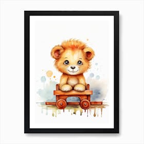 Baby Lion On A Toy Car, Watercolour Nursery 1 Art Print