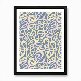MY STRIPES ARE TANGLED Curvy Organic Abstract Squiggle Shapes in Butter Yellow Pink Sand on Dusty Blue Art Print