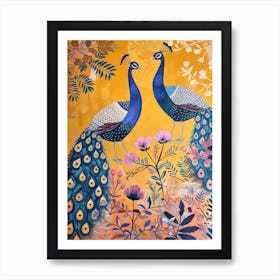 Two Folky Floral Peacocks Art Print