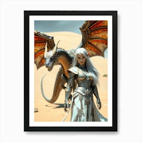 Warrior Beauty And Dragon Art Print