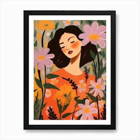 Woman With Autumnal Flowers Cosmos Art Print