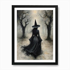 The Witch in the Haunted Forest Art Print | Witchy Gothic Vintage Halloween Wall Decor | Spooky Witchcraft Fall Autumn Gallery Wall Art in HD Art Print