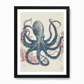 Red & Blue Octopus Retro Linocut Inspired 3 Art Print