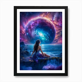 A fantasy girl gazes at a beautiful galaxy landscape with neon colors. The milky way and planets are visible in the interstellar universe. The sea of stars and nebula create a stunning cosmos. Art Print