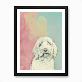 Old English Sheepdog Pastel Line Watercolour Illustration  4 Art Print