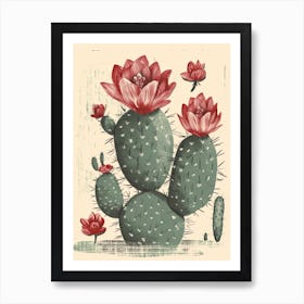 Cactus With Red Flower Vintage Illustration Art Print