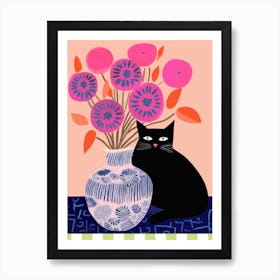 Black Cat With A Vase With Pink Poppies Illustration Art Print