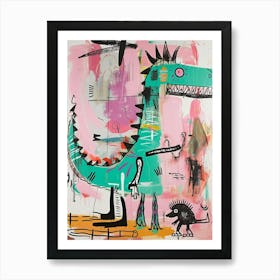 Dinosaur With Pet Blue Purple Pink 2 Art Print