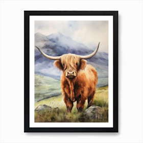 Mountaneous Background Behind Highland Cow Art Print