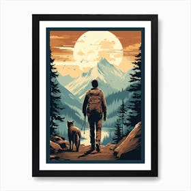 Man And Dog Hiking In The Mountains Art Print