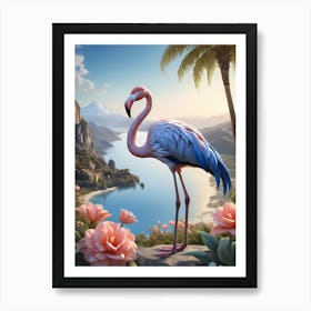 Floral Blue Flamingo Painting (48) Art Print