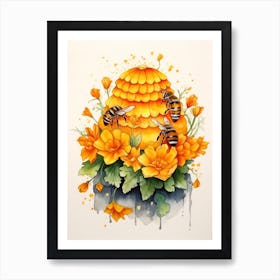 Beehive With Marigold Watercolour Illustration 3 Art Print