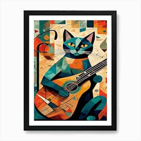 Blue Cat Playing Guitar Inspired by Picasso Art Print